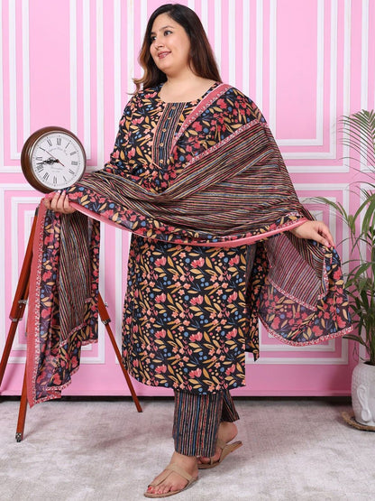 Dhiyona KL Plus Size Floral Printed Pure Cotton Straight Kurta with Trousers & Dupatta
