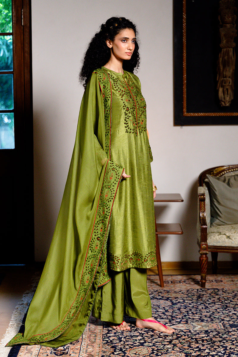 Women's Green Olive Raw Silk Festive Kurta Set