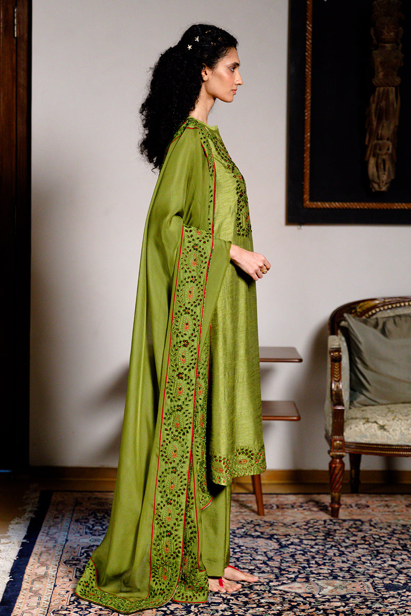 Women's Green Olive Raw Silk Festive Kurta Set