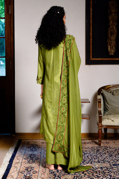 Women's Green Olive Raw Silk Festive Kurta Set