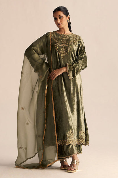 Full Body View Deep Lichen Green Velvet Festive Kurta Set with Kora Silk Dupatta