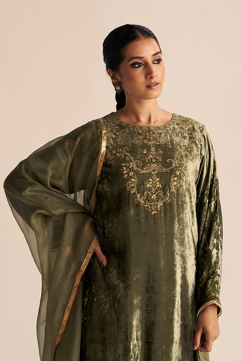 Front Smile view Deep Lichen Green Velvet Festive Kurta Set with Kora Silk Dupatta