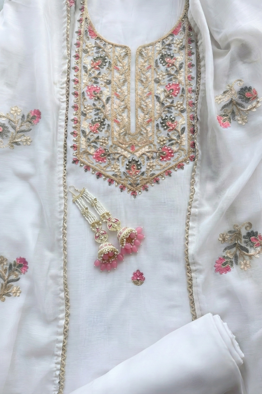 Dhiyona ST 3 Pc Unstitched Suit - Mul White Kashmiri Embroidery Kurta with Beads , Embroidered Dupatta and Bottom
