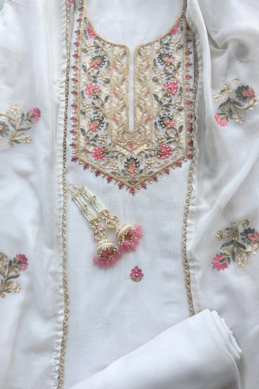 Dhiyona ST 3 Pc Unstitched Suit - Mul White Kashmiri Embroidery Kurta with Beads , Embroidered Dupatta and Bottom