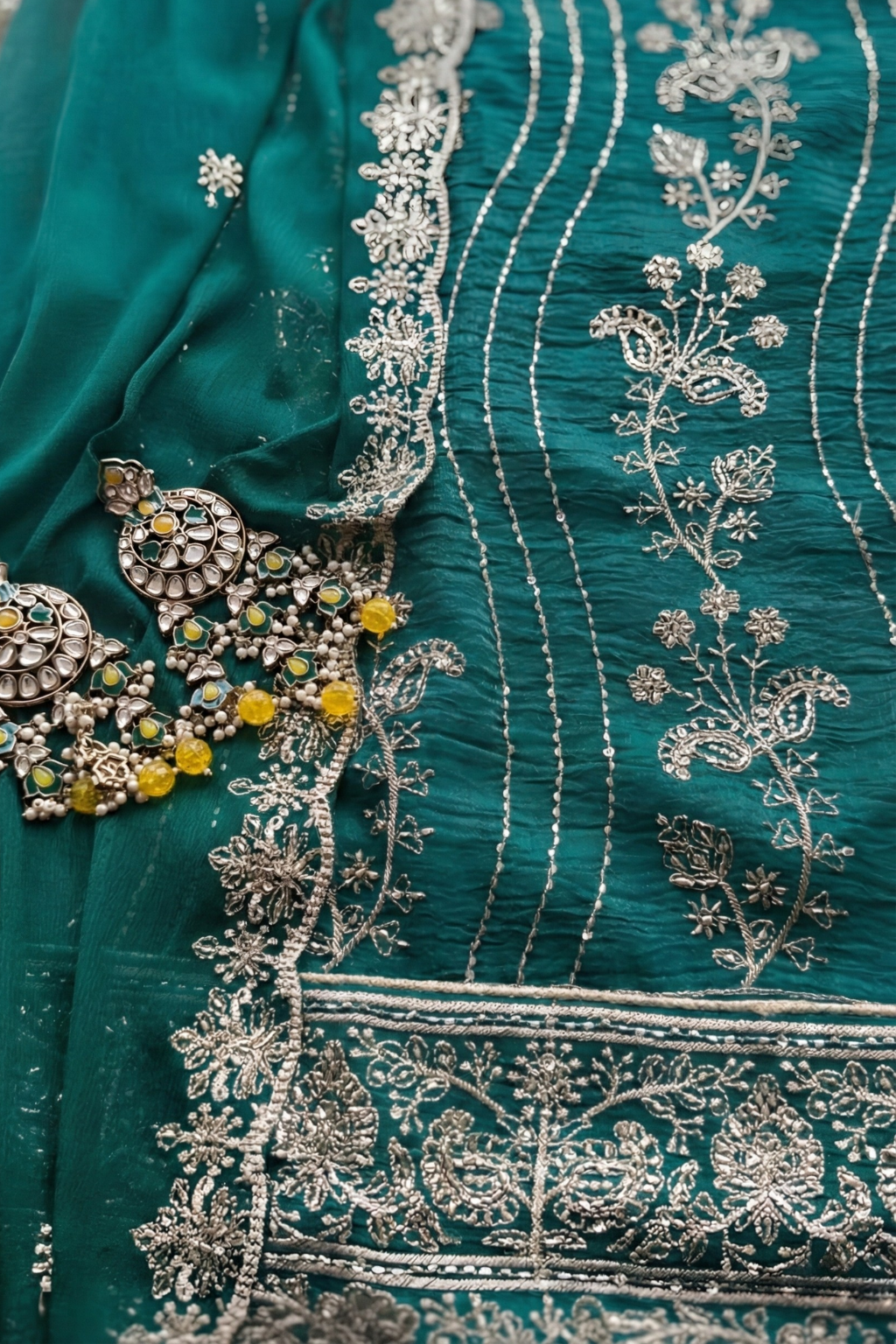 Dhiyona ST 3 Pc Unstitched Suit - Chiffon Turq  hand Embroidered Beaded Kurta with Lining ,Dupatta and Bottom