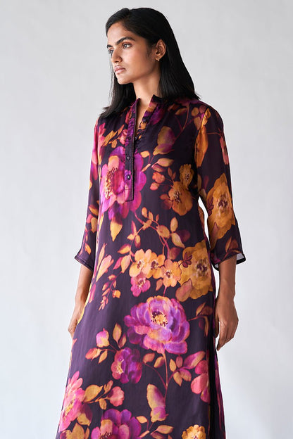 Women's Deep Plum Bemberg Kataan Silk Floral Printed Co-ord Set