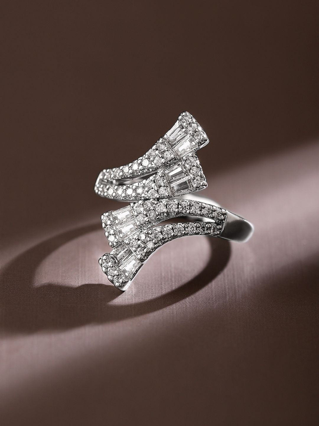 Dhiyona RJ Women's Rhodium Plated Baguette & Cubic Zirconia Studded Adjustable Openable Statement Ring