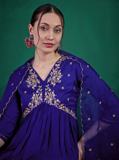 Dhiyona SN Women's Blue Floral Embroidered Sequinned V-Neck A-Line Kurta With Palazzo & Dupatta