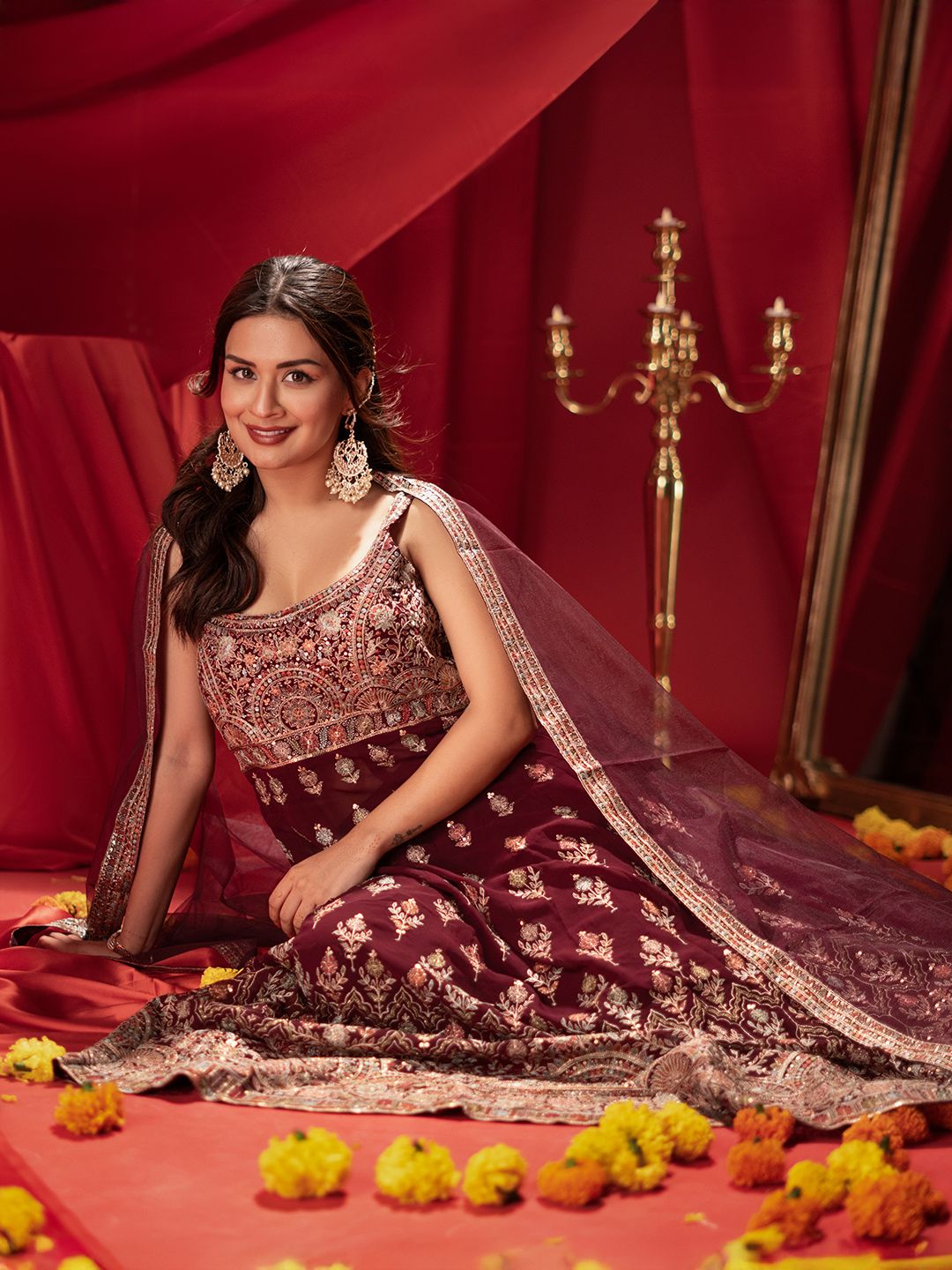 Dhiyona LL Floral Embroidered Beaded Georgette A-Line Kurta With Palazzos & Dupatta