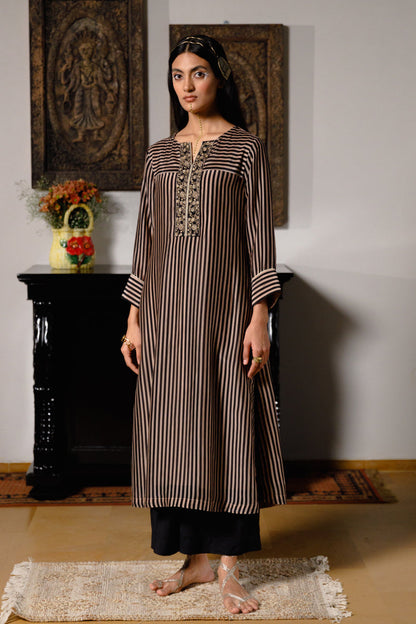 Women's Black and Beige Striped Bemberg Silk Festive Co-ord Set