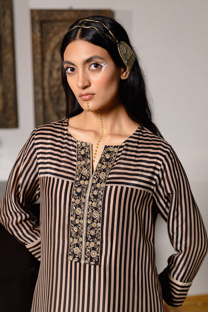 Women's Black and Beige Striped Bemberg Silk Festive Co-ord Set