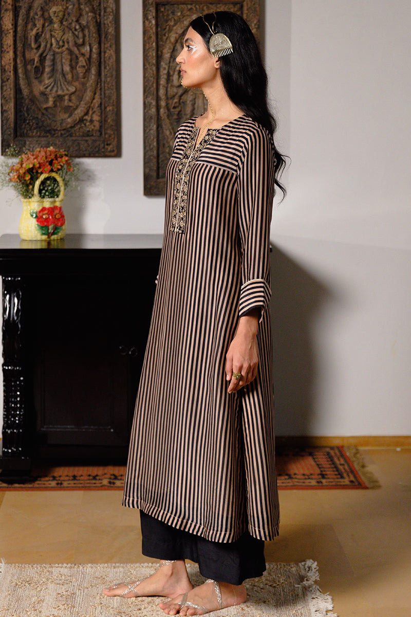 Women's Black and Beige Striped Bemberg Silk Festive Co-ord Set