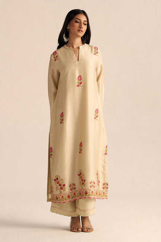 Dhiyona GF Women's Mascarpone Cream Raw Silk Embroidered Co-ord Set