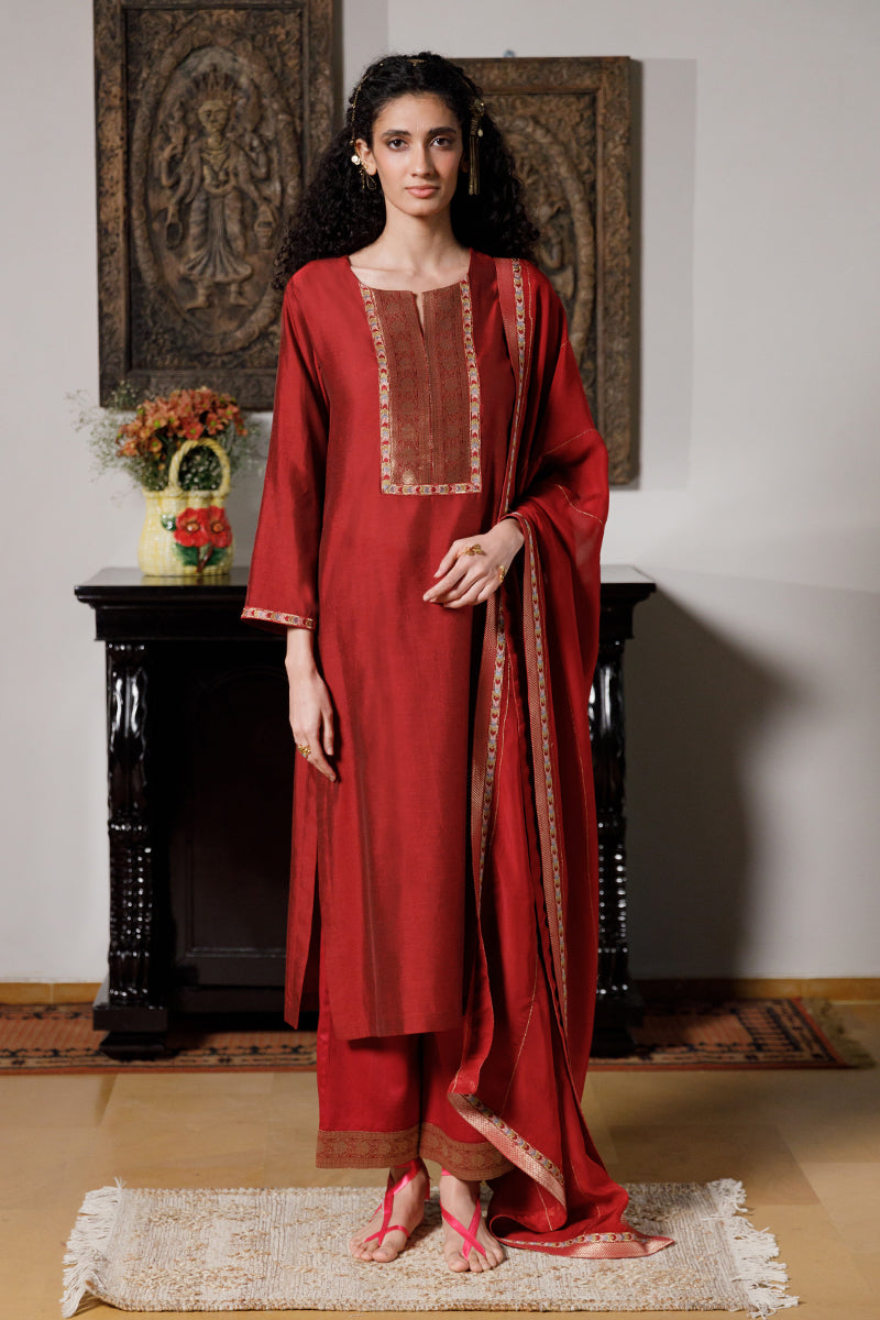 Women's Deep Red Silk Festive Kurta Set