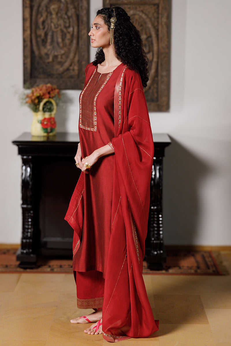 Women's Deep Red Silk Festive Kurta Set