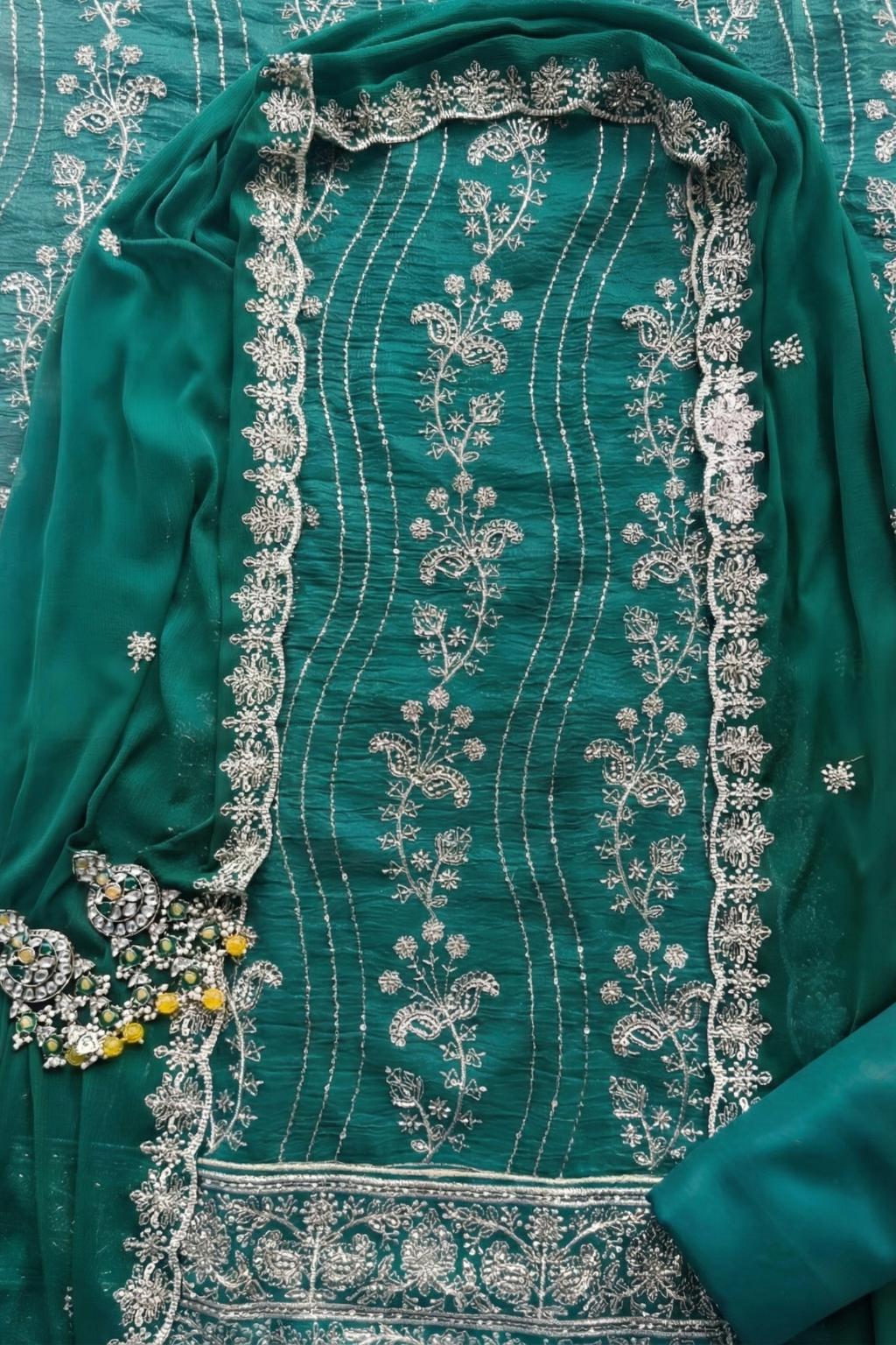 Dhiyona ST 3 Pc Unstitched Suit - Chiffon Turq  hand Embroidered Beaded Kurta with Lining ,Dupatta and Bottom