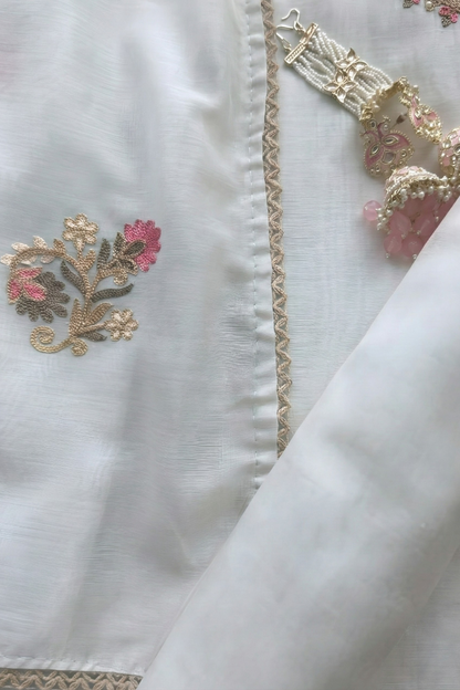 Dhiyona ST 3 Pc Unstitched Suit - Mul White Kashmiri Embroidery Kurta with Beads , Embroidered Dupatta and Bottom