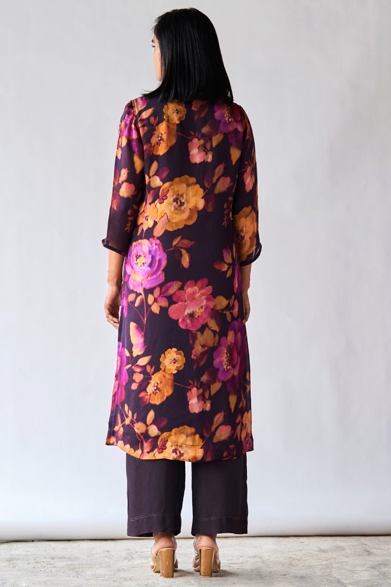 Women's Deep Plum Bemberg Kataan Silk Floral Printed Co-ord Set