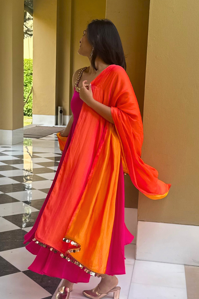 Dhiyona ST 3 pc Suit Set - Fuchsia Dual Satin Sleeveless Anarkali Suit with Pink Orange Dupatta and Pants