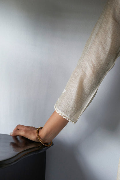 Women's Fog Beige Woven Kurta Suit Set With Embroidery and Hand Work Detailing