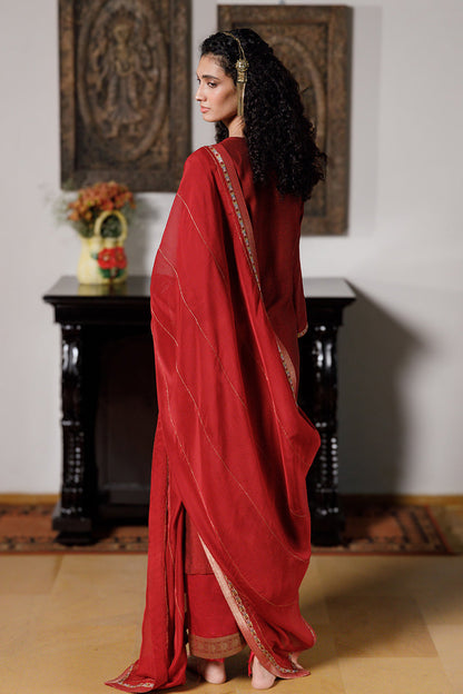 Women's Deep Red Silk Festive Kurta Set