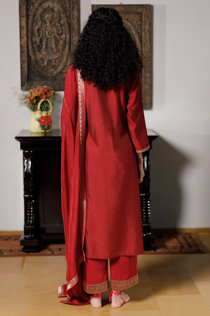 Women's Deep Red Silk Festive Kurta Set