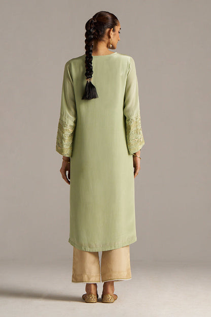 Dhiyona GF Women's Celadon Green And Beige Crepe Silk Co-ord Set