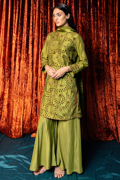 Women's Green Olive Full Embroidered Raw Silk Kurta Set