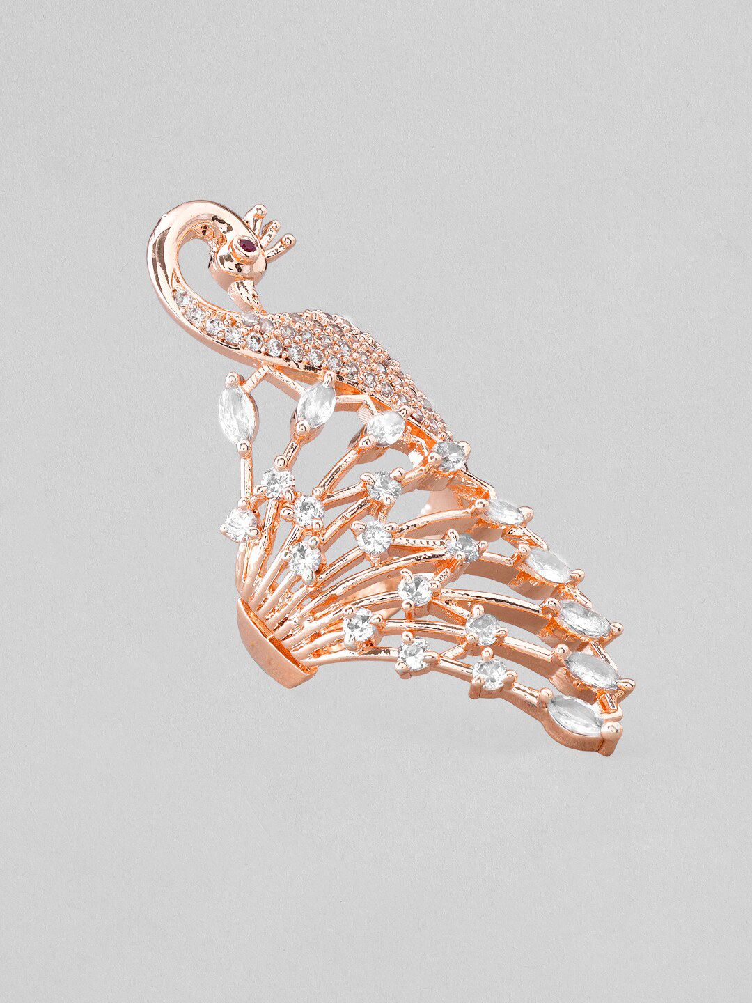 Dhiyona RJ Women's 18K Rose Gold-Plated Peacock Design Cubic Zirconia Studded Finger Ring