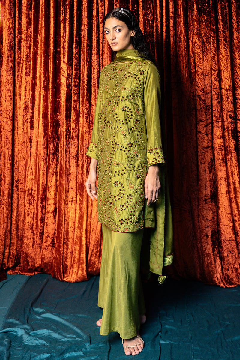 Women's Green Olive Full Embroidered Raw Silk Kurta Set