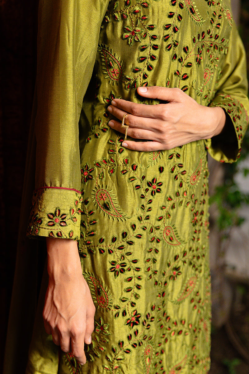 Women's Green Olive Full Embroidered Raw Silk Kurta Set