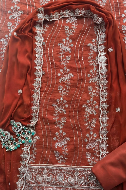 Dhiyona ST 3 Pc Unstitched Suit - Chiffon Tangerine hand Embroidered Beaded Kurta with Lining ,Dupatta and Bottom