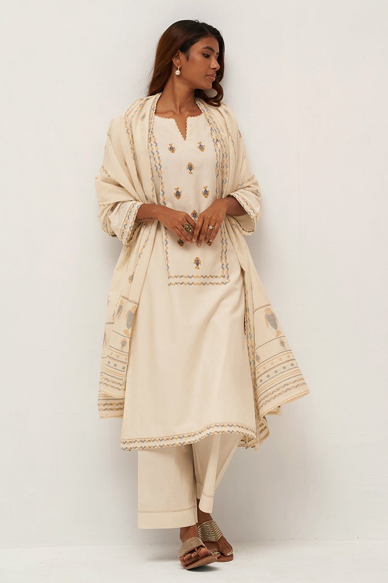 Women's Gardenia Cream Woven Cotton Salwar Suit With Hand Embellishment