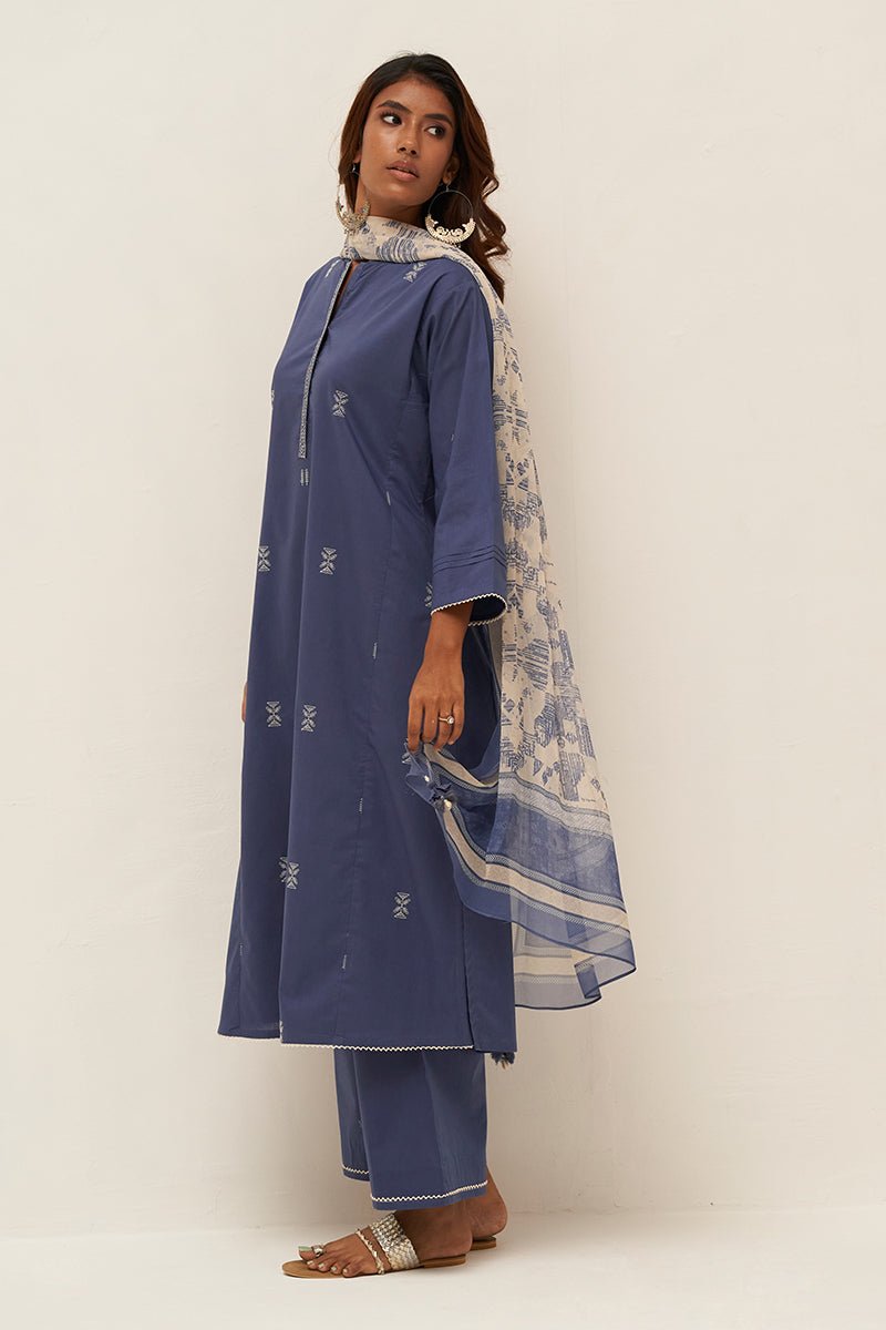 Women's Blue Cotton Salwar Suit With Chiffon Dupatta