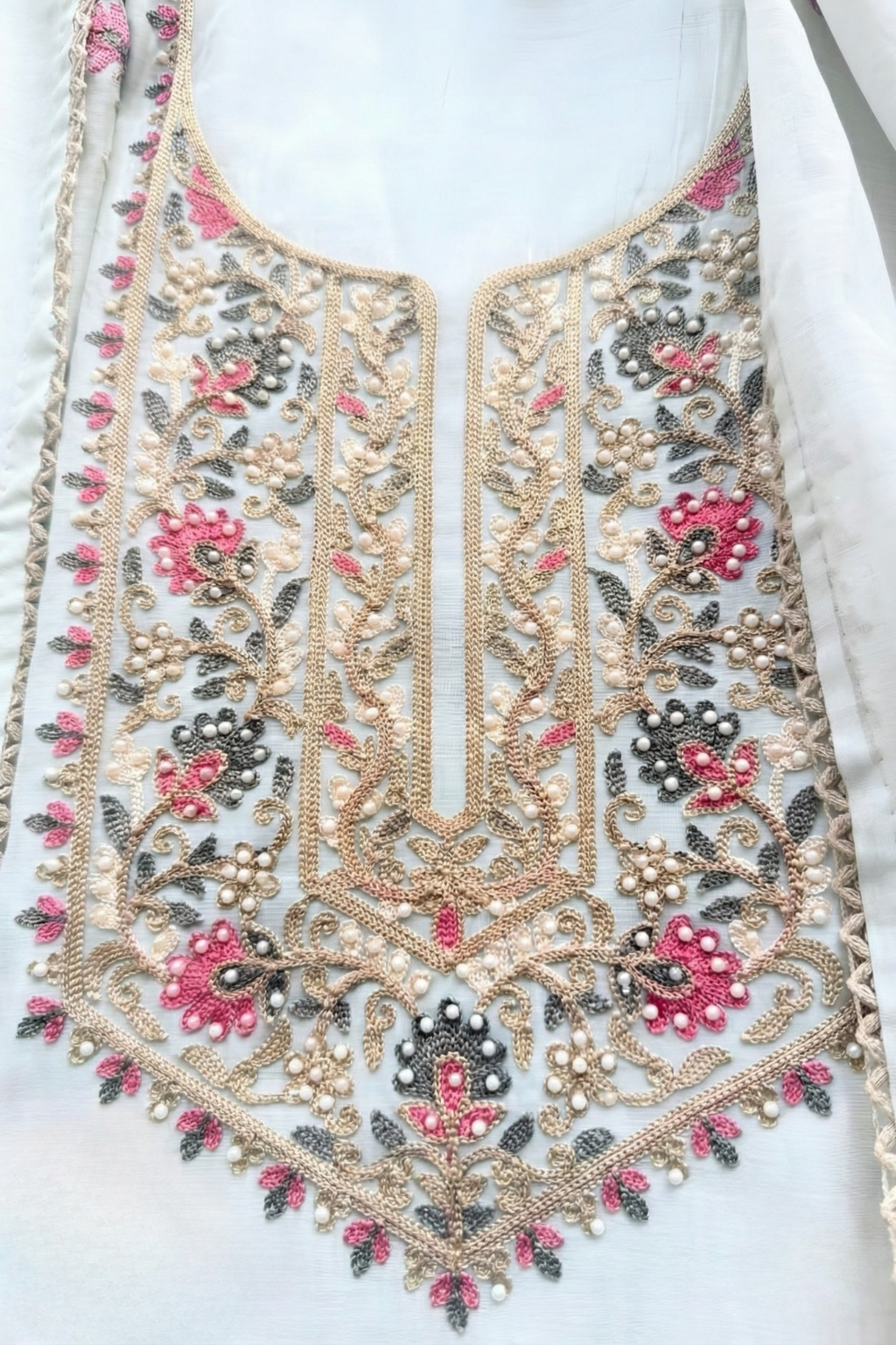Dhiyona ST 3 Pc Unstitched Suit - Mul White Kashmiri Embroidery Kurta with Beads , Embroidered Dupatta and Bottom