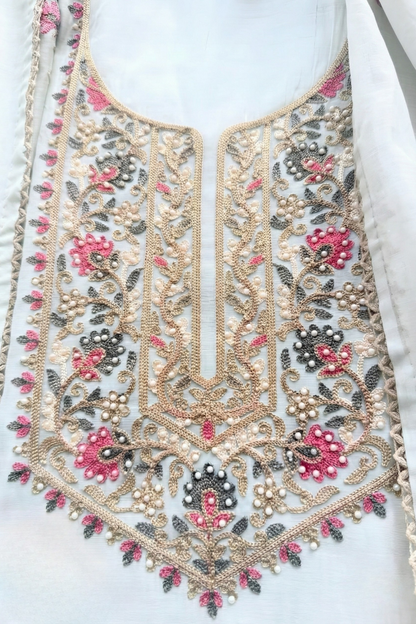 Dhiyona ST 3 Pc Unstitched Suit - Mul White Kashmiri Embroidery Kurta with Beads , Embroidered Dupatta and Bottom