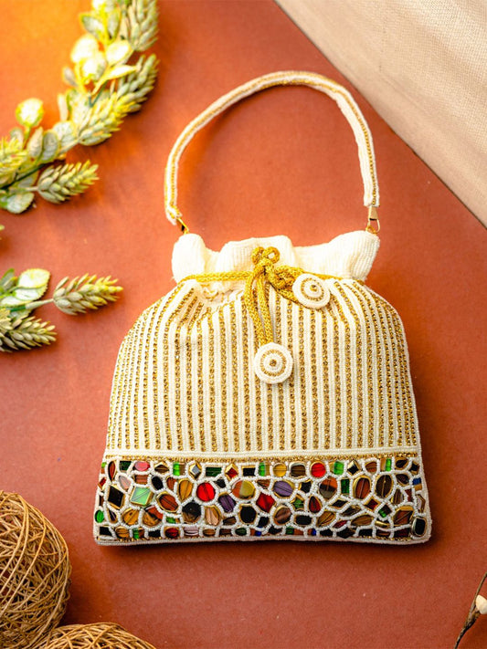Dhiyona NR White & Green Embroidered Embroidered Potli Clutch