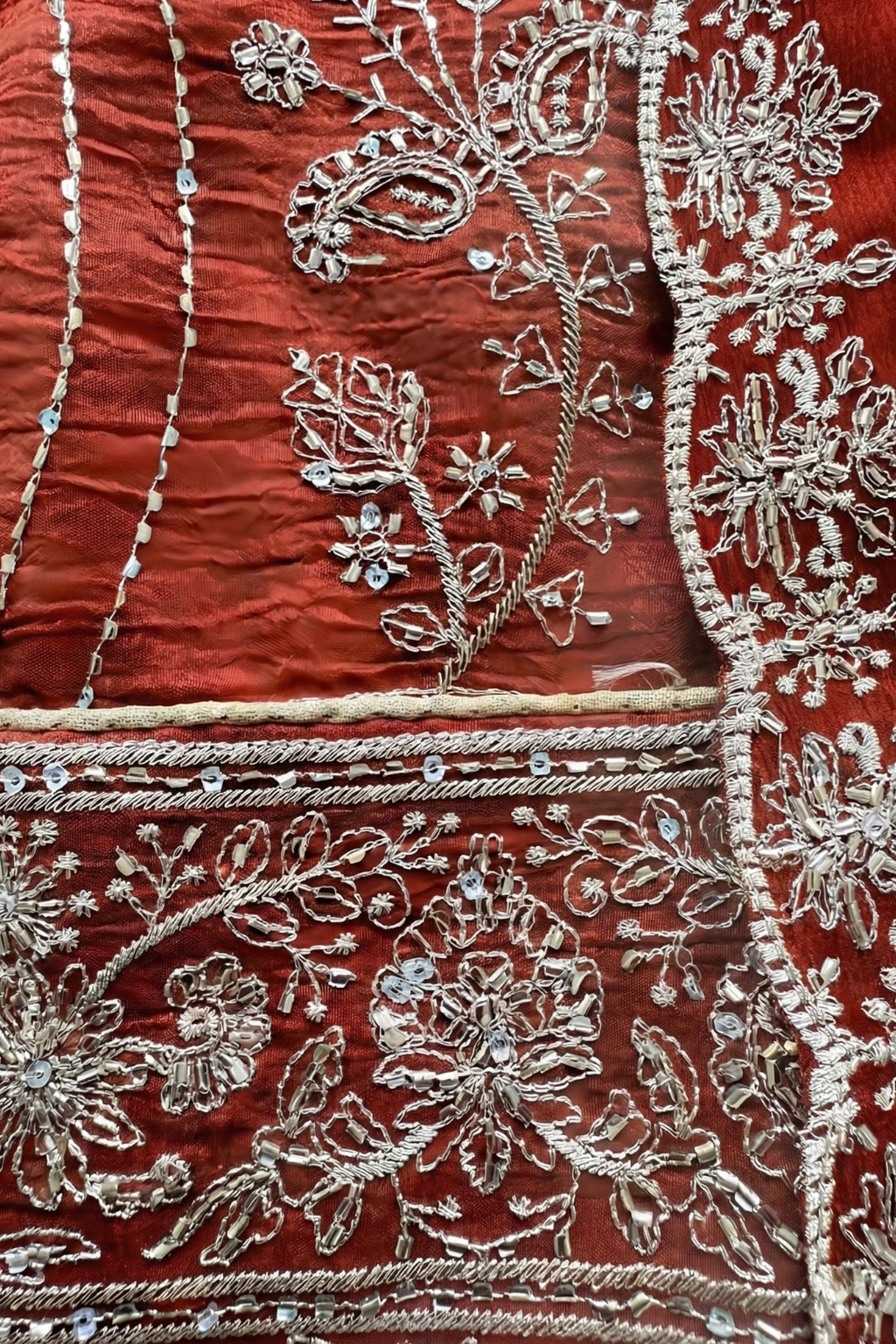 Dhiyona ST 3 Pc Unstitched Suit - Chiffon Tangerine hand Embroidered Beaded Kurta with Lining ,Dupatta and Bottom