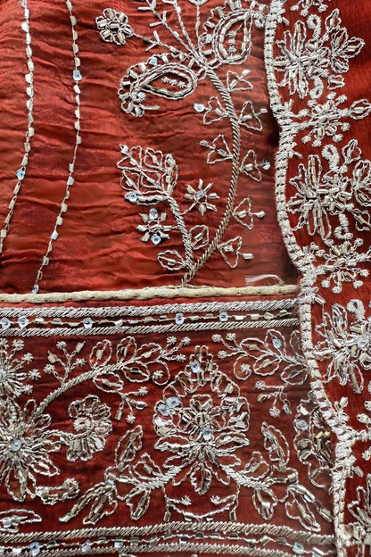 Dhiyona ST 3 Pc Unstitched Suit - Chiffon Tangerine hand Embroidered Beaded Kurta with Lining ,Dupatta and Bottom