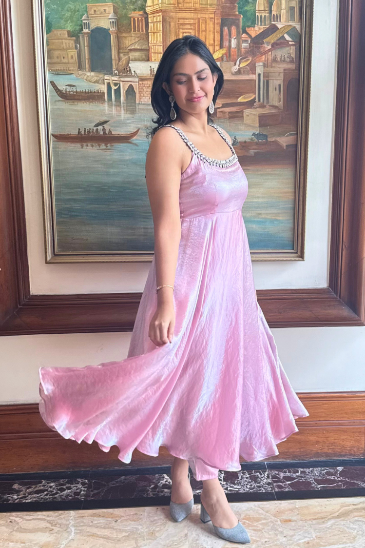 Dhiyona ST 3 pc Suit - Pink Blue Metallic Sleeveless Anarkali with Glass Trim