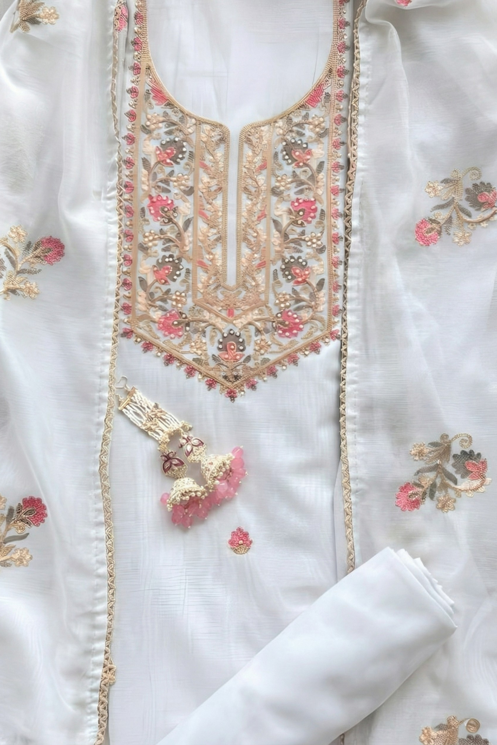Dhiyona ST 3 Pc Unstitched Suit - Mul White Kashmiri Embroidery Kurta with Beads , Embroidered Dupatta and Bottom