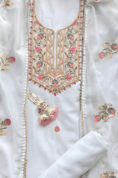Dhiyona ST 3 Pc Unstitched Suit - Mul White Kashmiri Embroidery Kurta with Beads , Embroidered Dupatta and Bottom