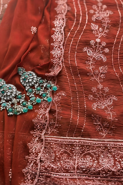 Dhiyona ST 3 Pc Unstitched Suit - Chiffon Tangerine hand Embroidered Beaded Kurta with Lining ,Dupatta and Bottom