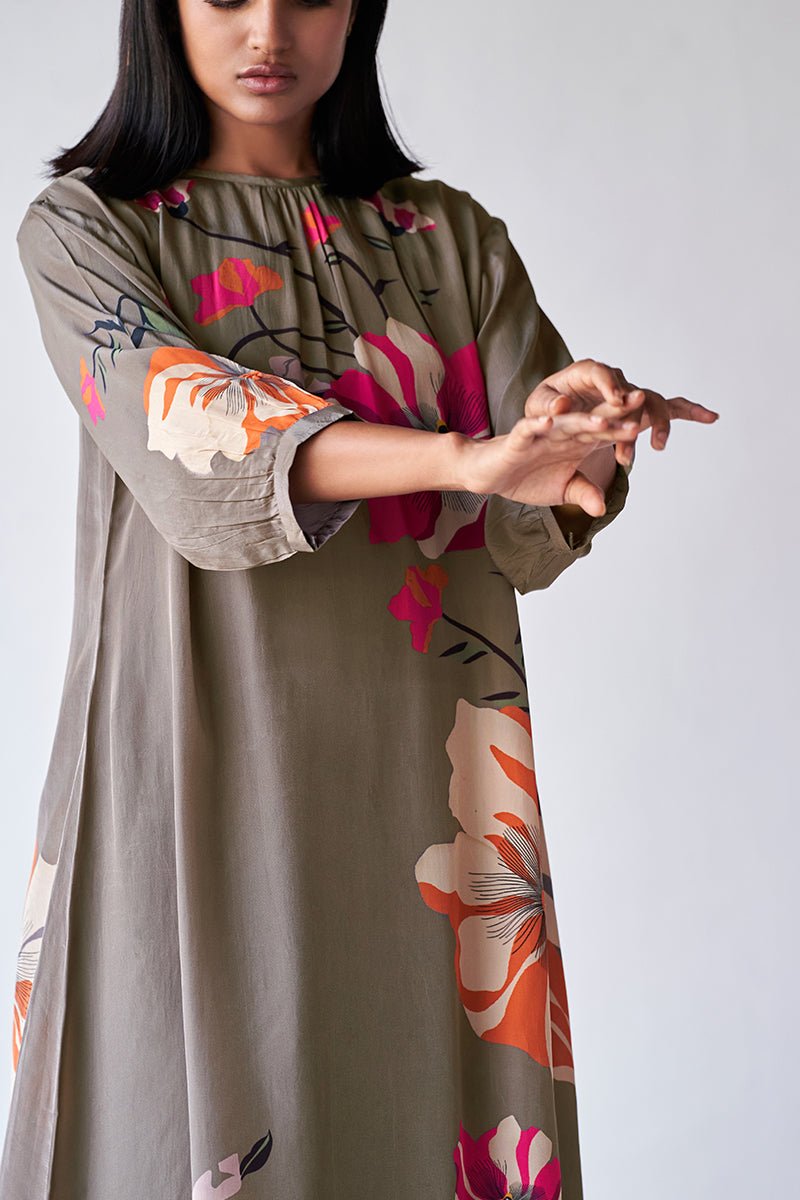 Women's Grey Floral Printed Bemberg Silk Co-ord Set