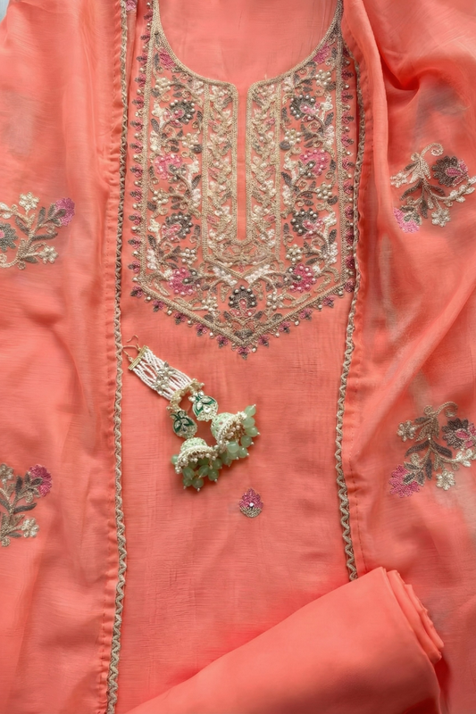 Dhiyona ST 3 Pc Unstitched Suit - Mul Peach Kashmiri Embroidery Kurta with Beads , Embroidered Dupatta and Bottom