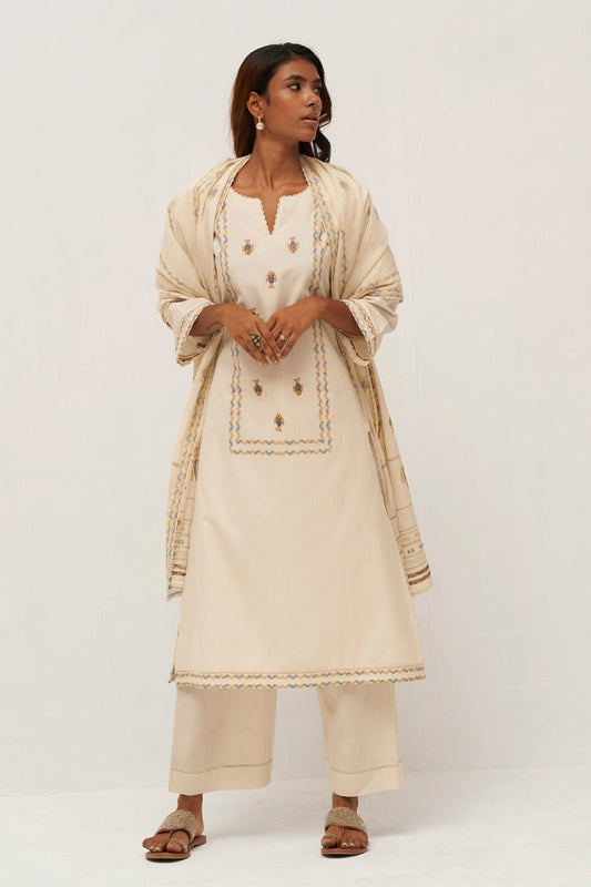 Women's Gardenia Cream Woven Cotton Salwar Suit With Hand Embellishment