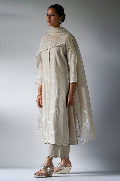 Women's Fog Beige Woven Kurta Suit Set With Embroidery and Hand Work Detailing