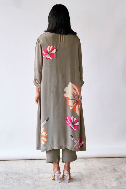 Women's Grey Floral Printed Bemberg Silk Co-ord Set