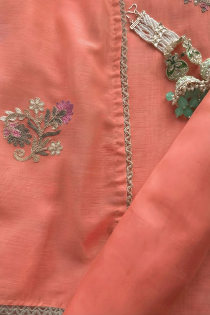 Dhiyona ST 3 Pc Unstitched Suit - Mul Peach Kashmiri Embroidery Kurta with Beads , Embroidered Dupatta and Bottom