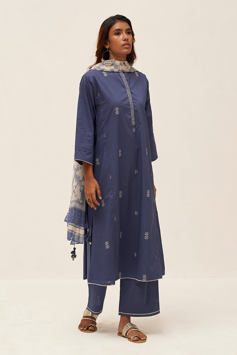 Women's Blue Cotton Salwar Suit With Chiffon Dupatta